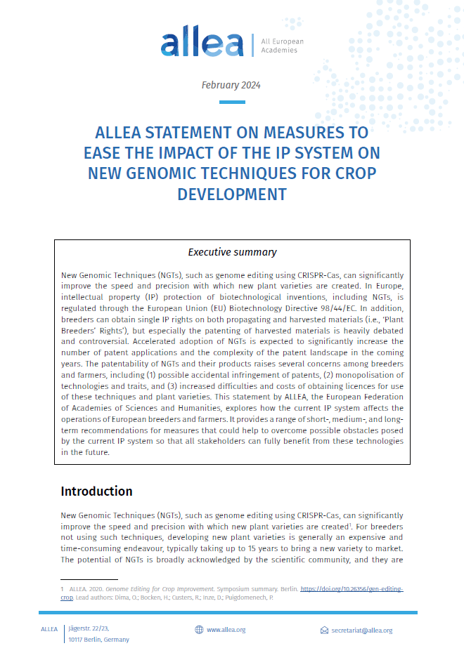 ALLEA Statement on Measures to Ease the Impact of the IP System on New Genomic Techniques for Crop Development - ALLEA