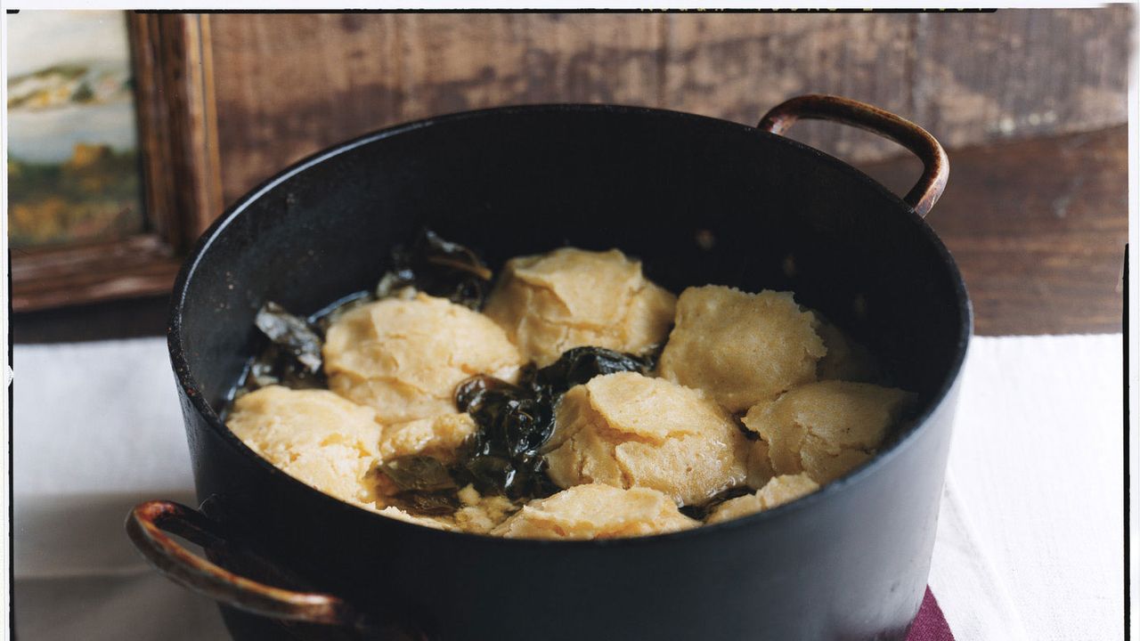Simmered Greens with Cornmeal Dumplings Recipe | Epicurious