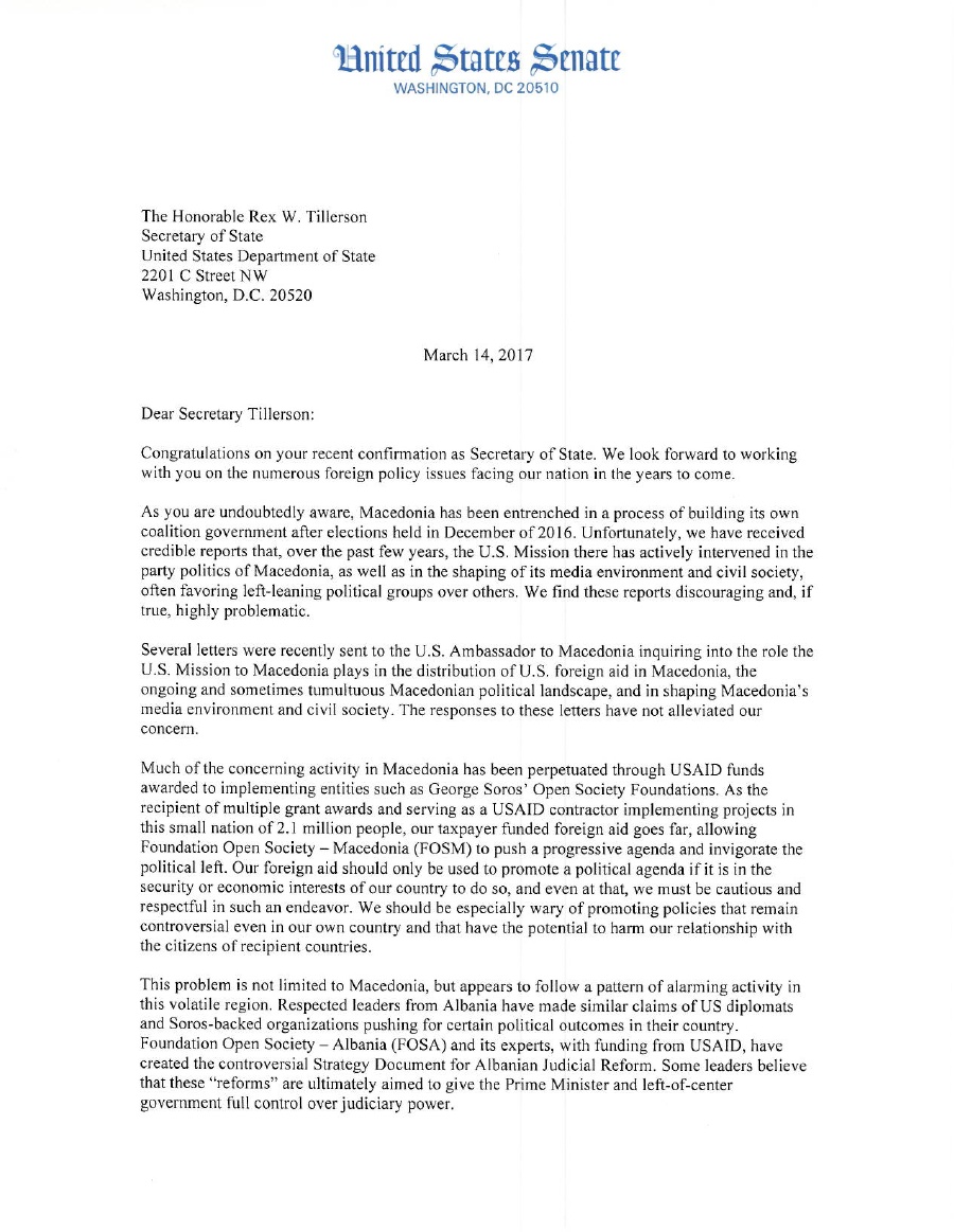 US Senators Send Letter to US Secretary of State Demanding Investigation into US Democracy Promotion Activities - Balkanist