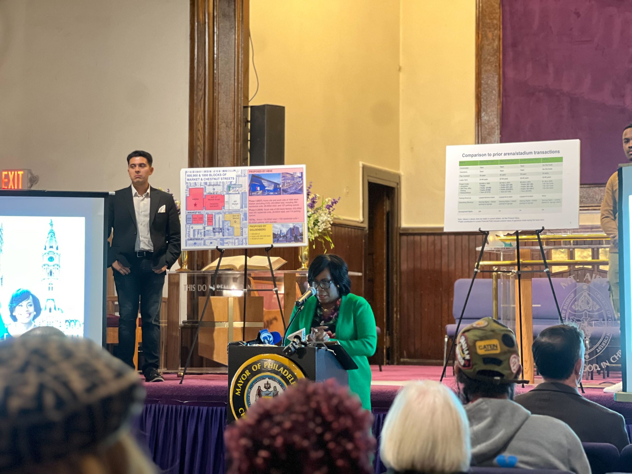Mayor Parker works to shore up arena support at Mount Airy town hall