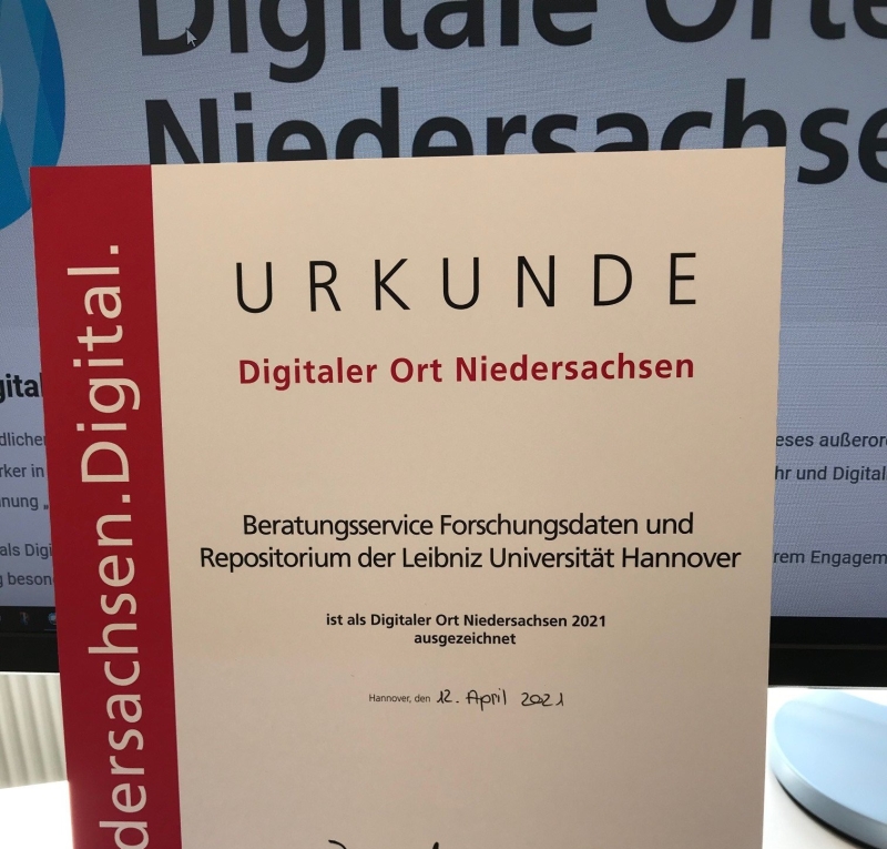 Beratungsservice Forschungsdatenmanagement und Datenrepositorium der Leibniz-Universität Hannover – Auszeichnung zum Digitalen Ort Niedersachsen - TIB-Blog