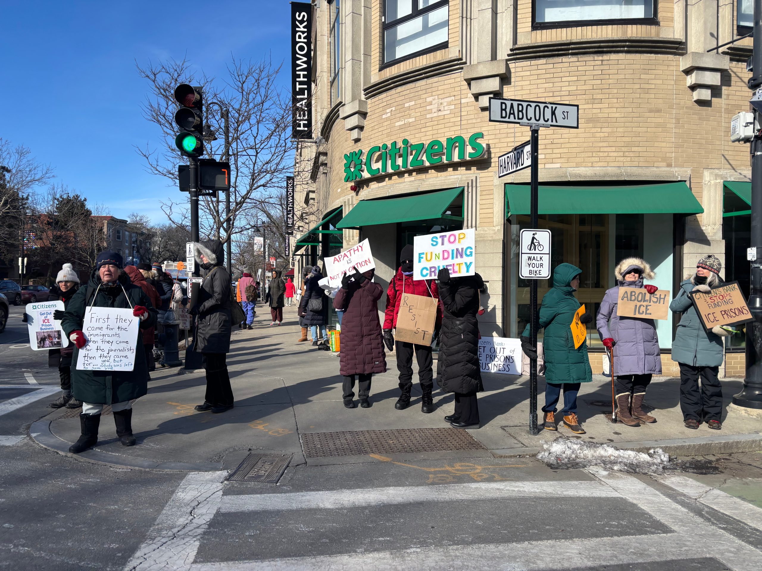 Group protests outside Citizens Bank in Brookline to highlight company's financing of immigration detention centers - Brookline.News