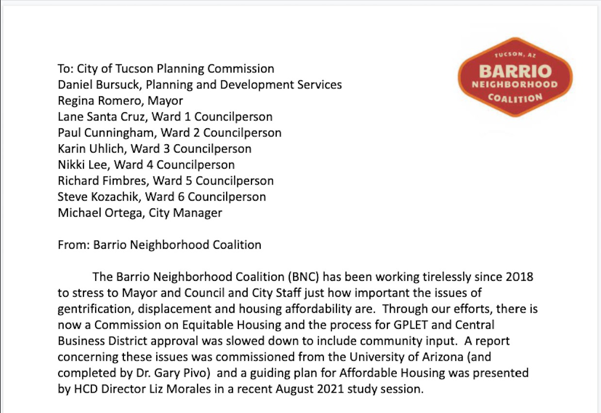 Barrio Neighborhood Coalition: Letter to Mayor & Council Addressing Accessory Dwelling Units (ADUs) - Casa Maria Soup Kitchen