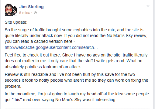 Jim Sterling's Website DDOS'd For Giving No Man's Sky 5/10 and Calling it Mediocre