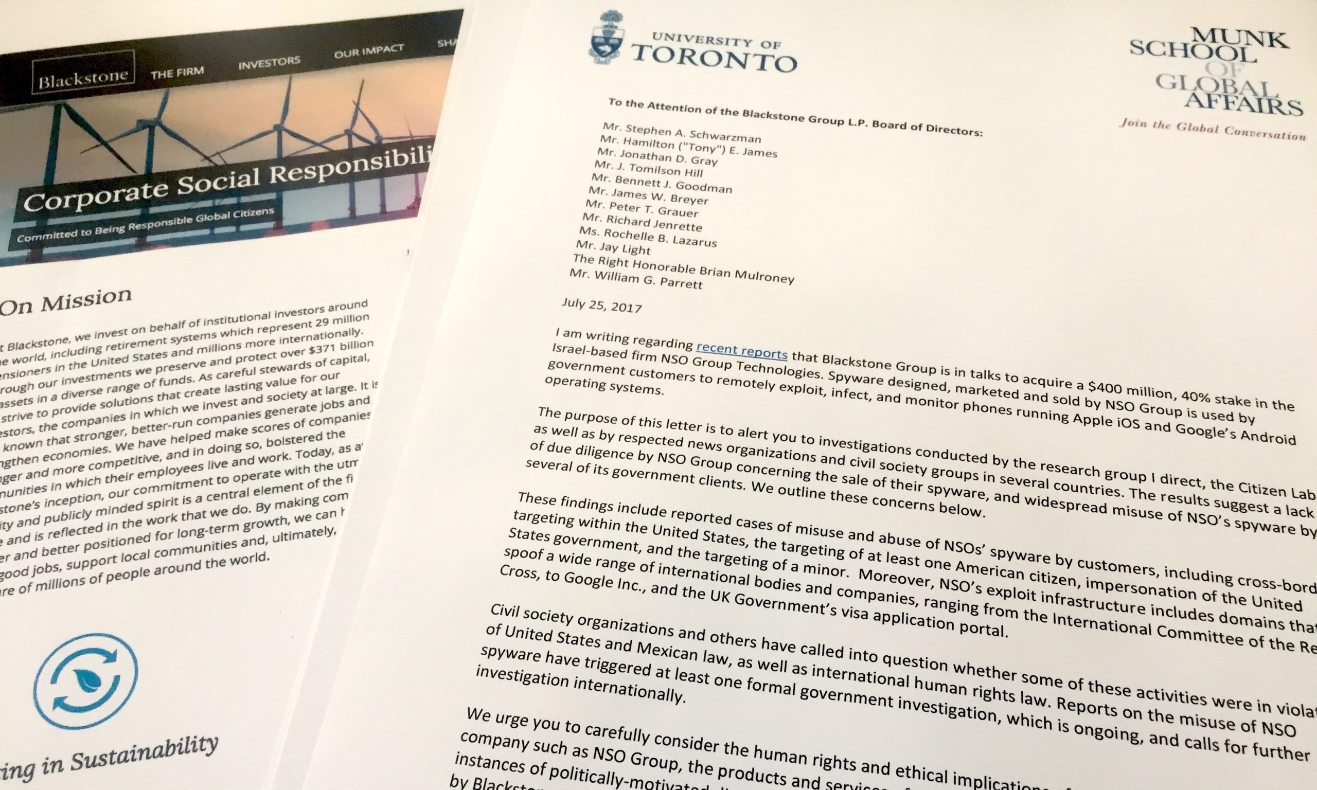Open Letter to Blackstone Group: Human Rights Concerns and Risks with Potential NSO Acquisition - The Citizen Lab