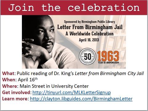 Join the Celebration: Dr. King’s Letter from Birmingham Jail – clayton state library blog