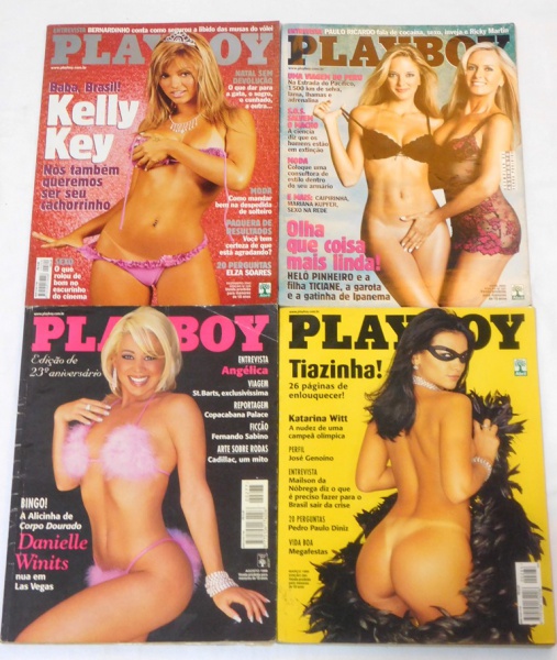 Lote contendo 04 revistas Playboy, nas suas capas `Kelly Key`, `D