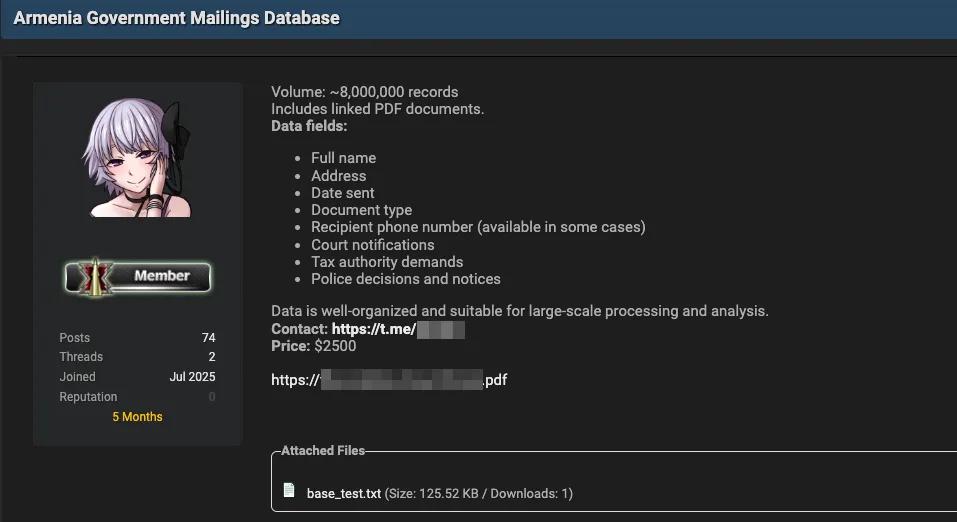 Armenia Government Mailings Database Allegedly Breached and Up for Sale - Daily Dark Web