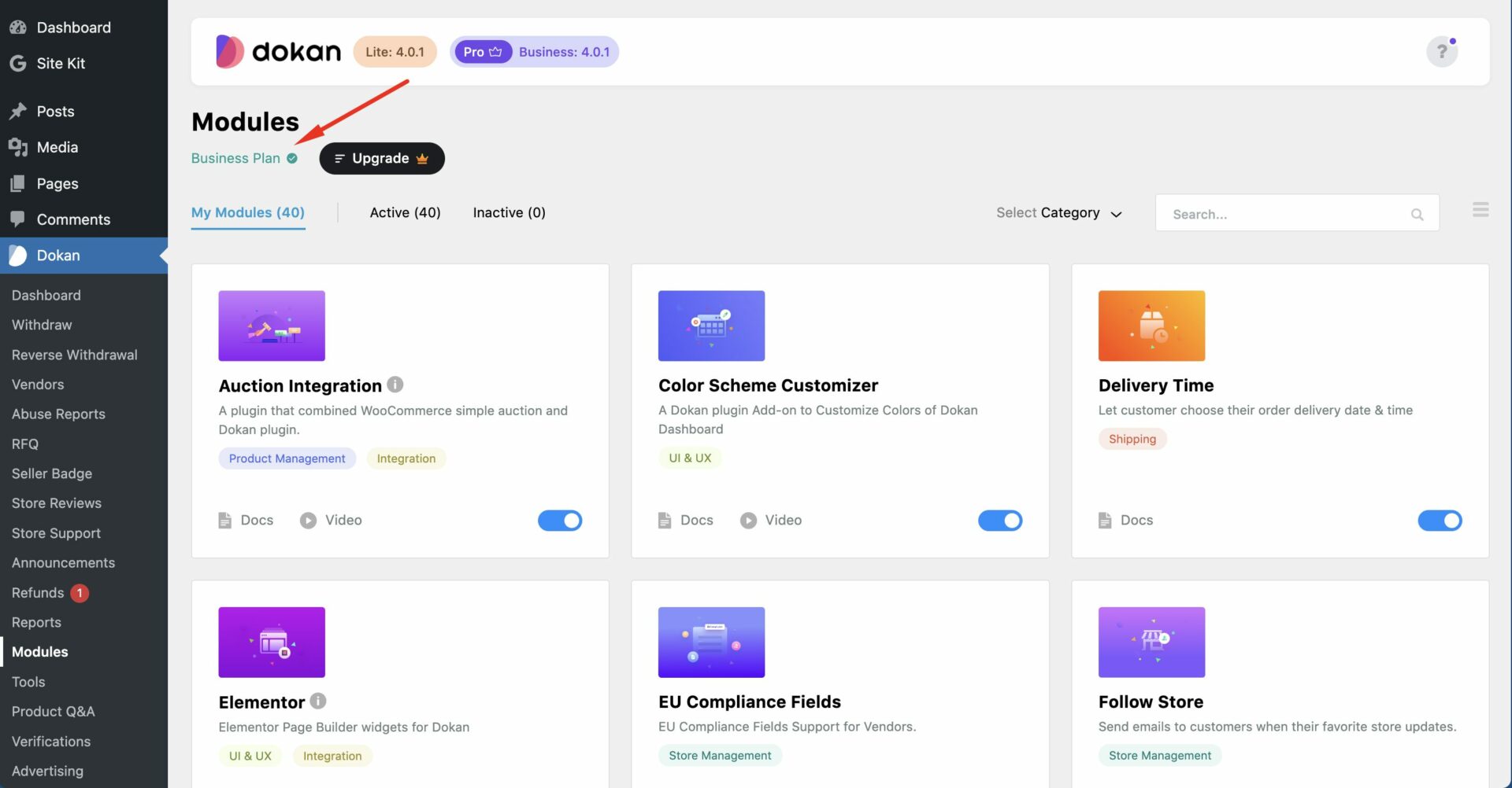 Activating & Deactivating Dokan Modules - Dokan