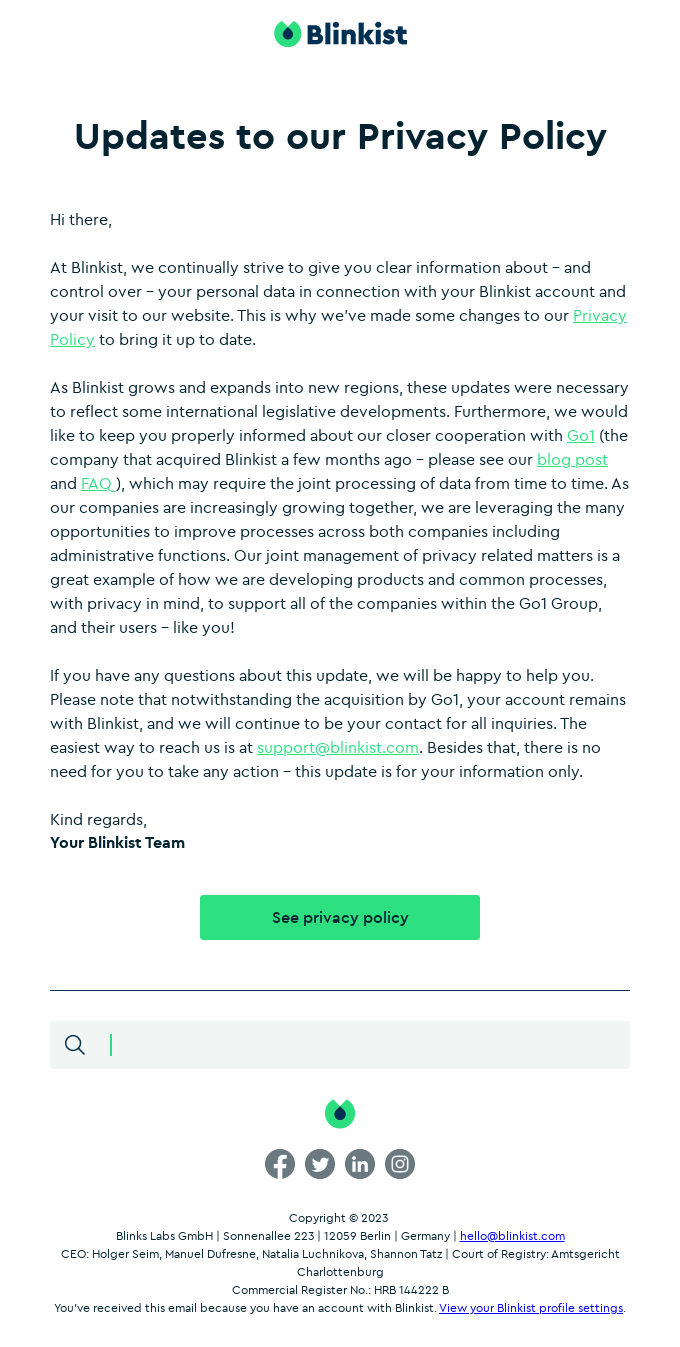 Updates to our Privacy Policy from Blinkist - Desktop Email View | Really Good Emails