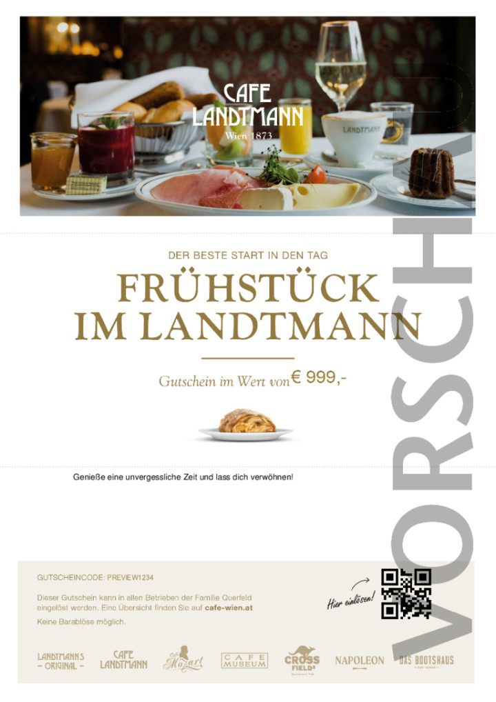 Meta Titel: Frühstück im Kaffeehaus – Genussgutschein für 2 inkl. Bio-Produkte und Getränke │Print@Home-Wertgutscheine Familien Querfeld. - Gutscheine Querfeld's Wiener Kaffeehaus