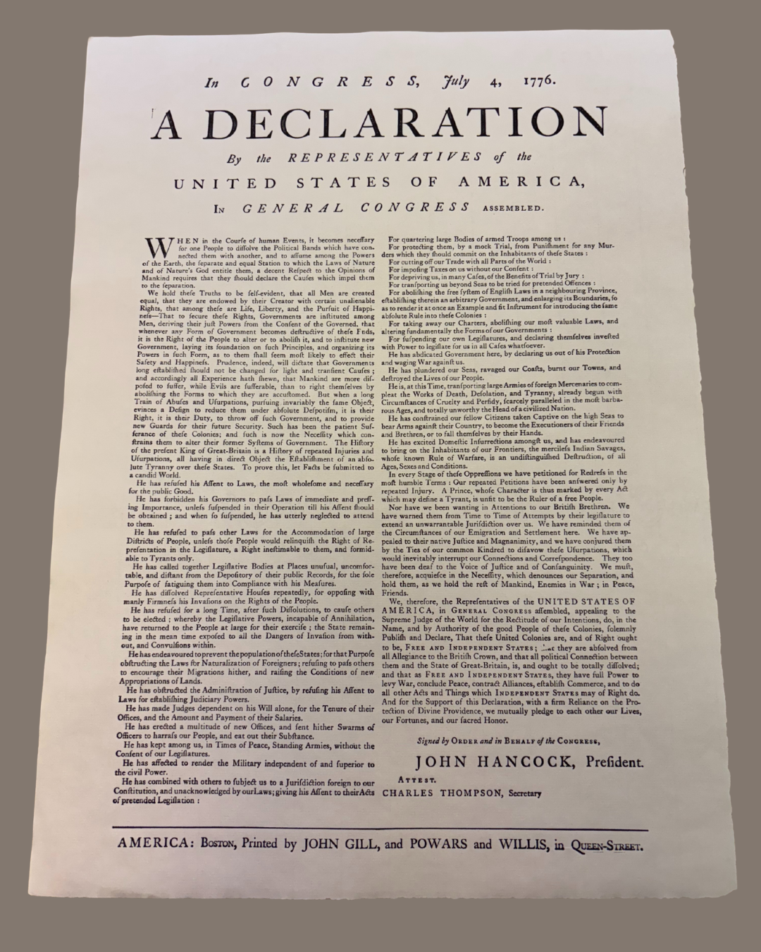 January's Office Artifact: John Gill Edition of the Declaration of Independence - Historic Boston Inc (HBI)