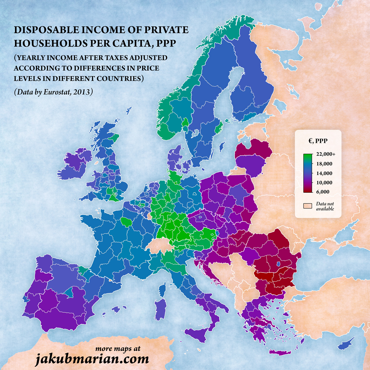 Disposable income (PPP) per capita by region in Europe