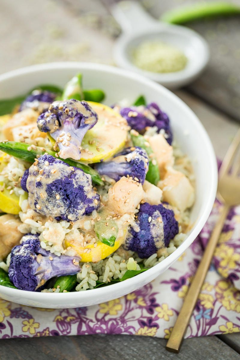Spring Veggie Bowl with Jade Pearl Rice, Kohlrabi, & Coconut Tahini Sauce |