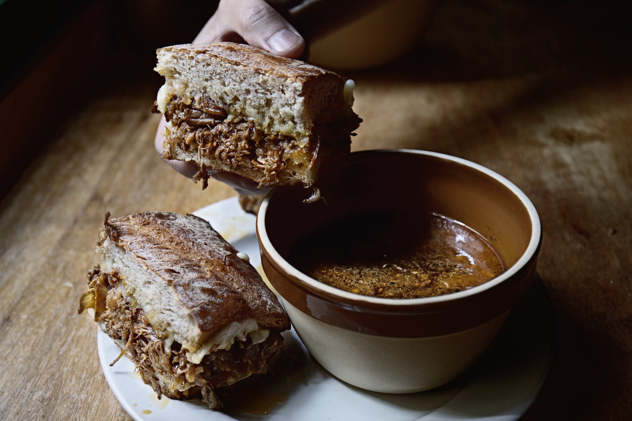 miso stewed short-ribs French-dip sandwich -
