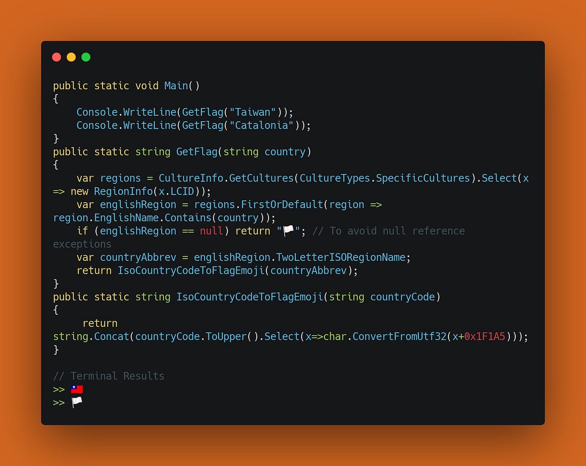 Convert Country Name To Flag Emoji in C# & the .NET ecosystem | by The First Prototype | ITNEXT