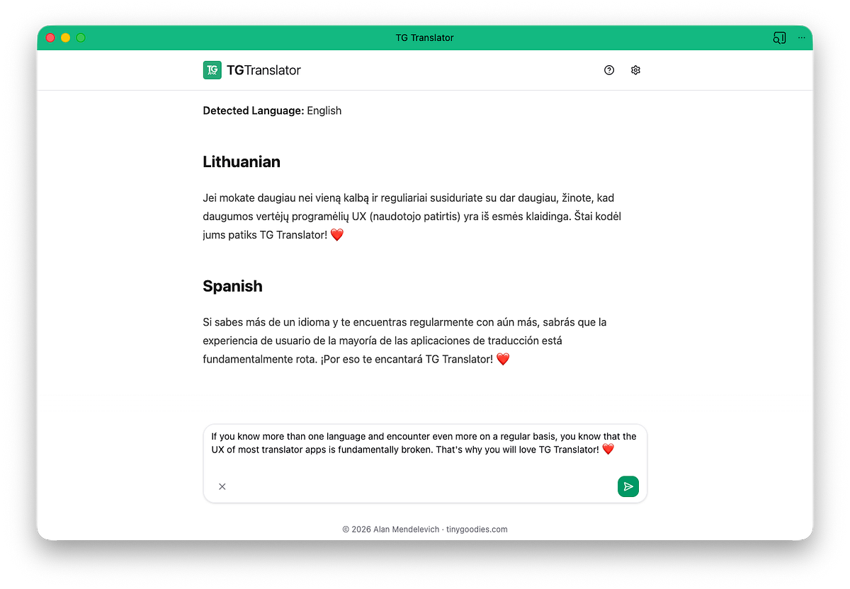 Introducing TG Translator: Because Common Translator Apps Are So 2008 | by Alan Mendelevich | Jan, 2026 | </dev> diaries