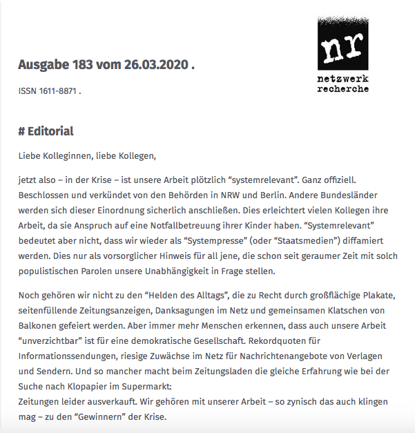 Newsletter Netzwerk Recherche, Nr. 183, 26.03.2020 - Netzwerk Recherche