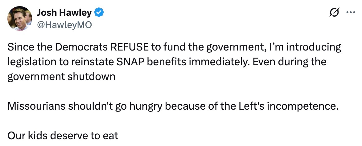 Hawley Introduces Legislation to Fund Food Stamps and Farm Programs During Government Shutdown - Josh Hawley