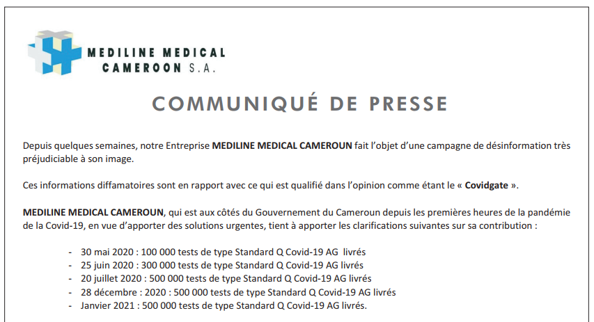Mediline Medical Cameroon S.A : communiqué de presse