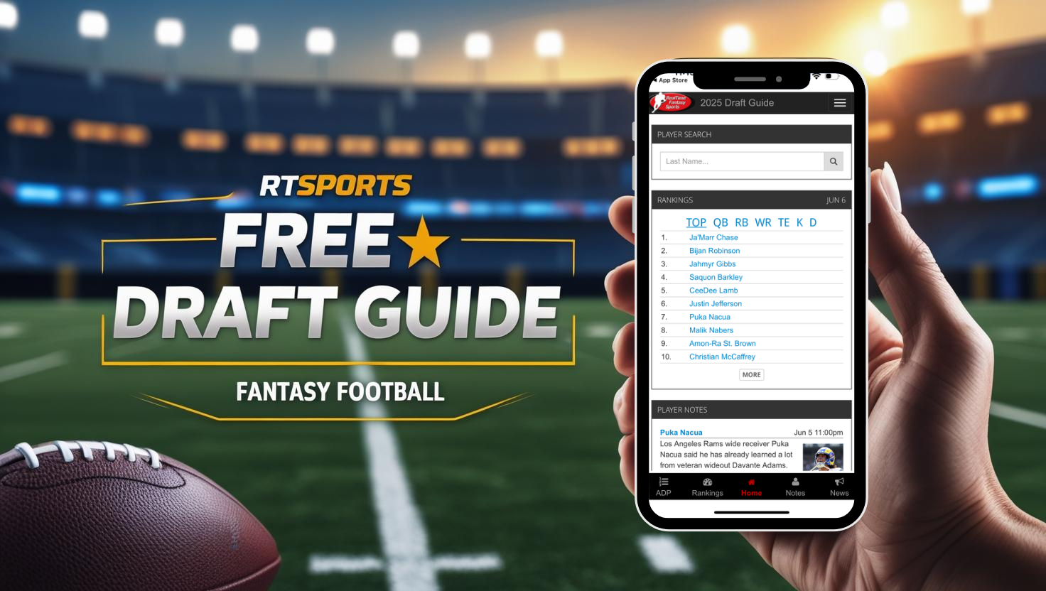 Free Fantasy Football Draft Guide - 2026 ADP | RealTime Fantasy Sports