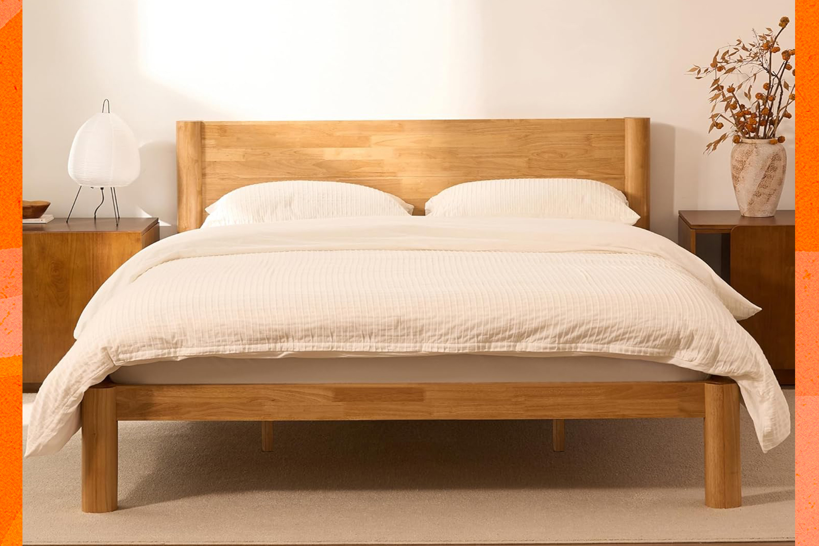 This king-size wood bed frame skips screws and it’s 20% off