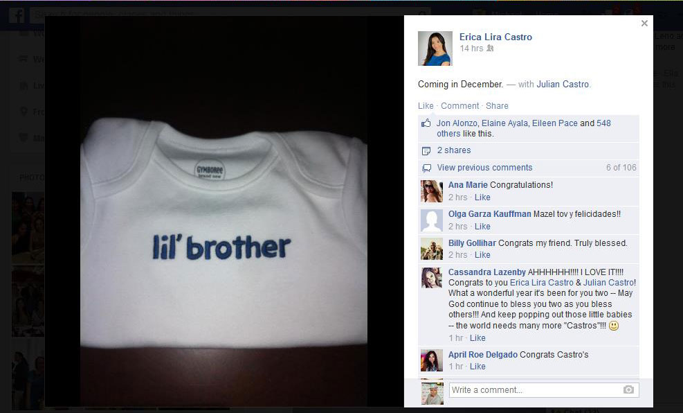 Julián and Erica Castro expecting a boy in December