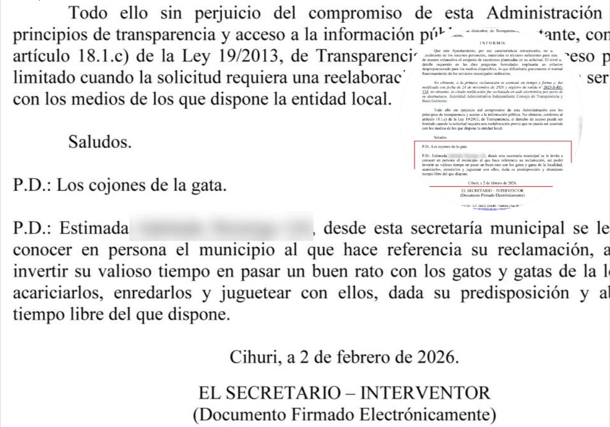 «Posdata: Los c... de la gata». La respuesta del Ayuntamiento de Cihuri a la consulta de una ciudadana | La Rioja