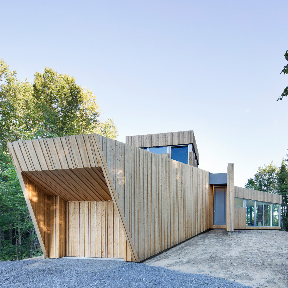 Faceted cedar cabin by Paul Bernier in Montreal woodland