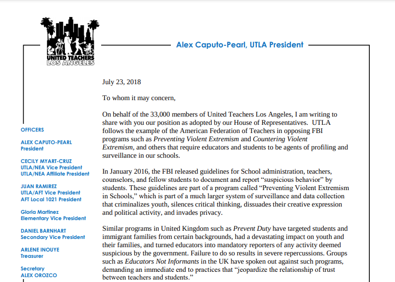 UTLA Opposition to PVE/CVE - Stop LAPD Spying Coalition