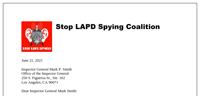 Letter on Inspector General Audit of SAR Program - Stop LAPD Spying Coalition