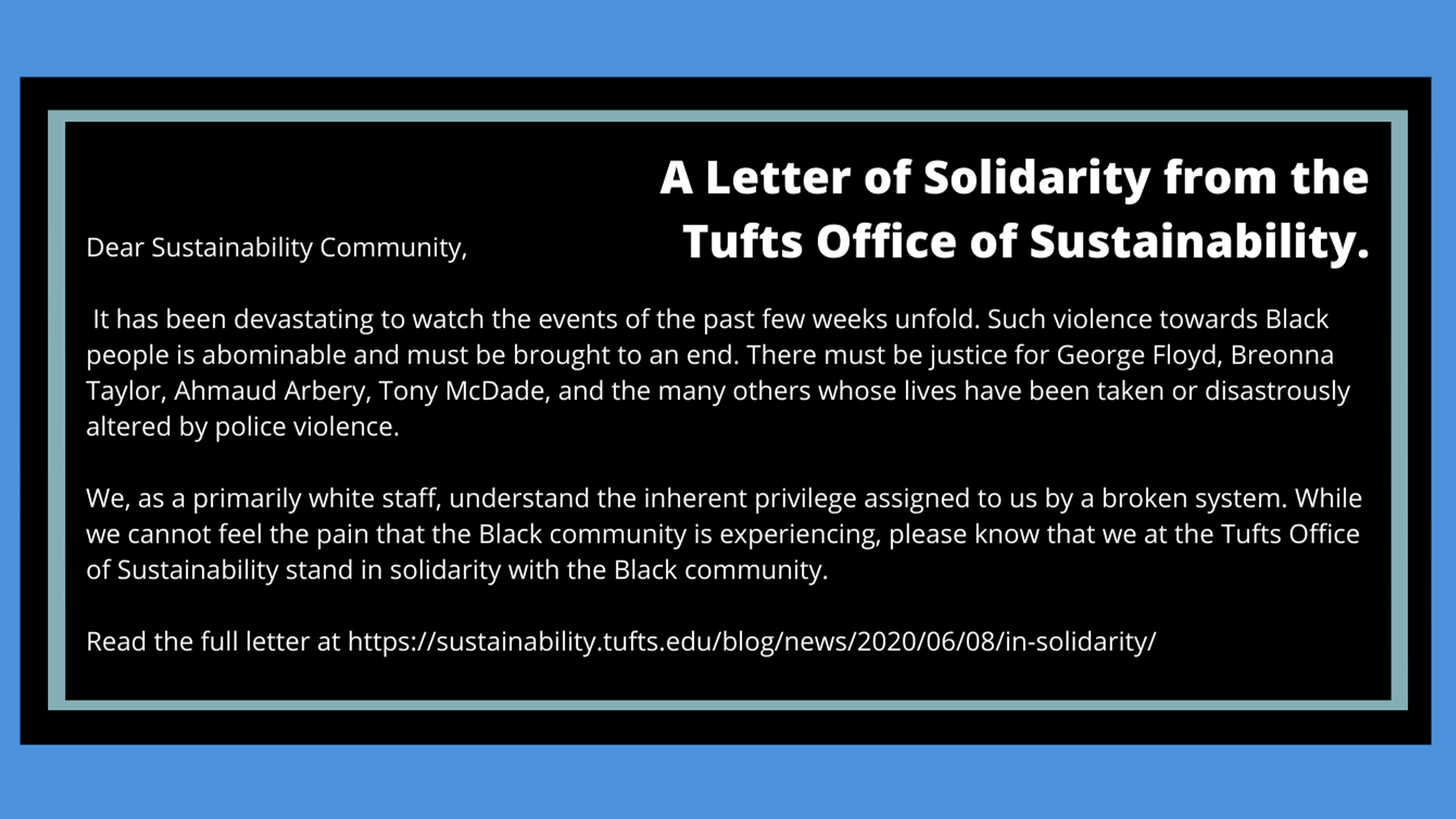 Letter of Solidarity from the Tufts Office of Sustainability - Office of Sustainability