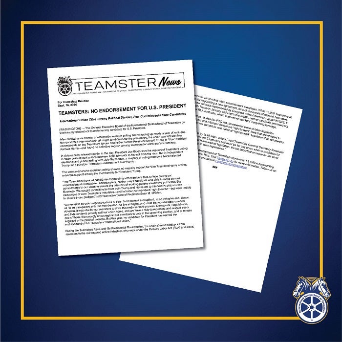 Teamsters: No Endorsement for U.S. President - International Brotherhood of Teamsters