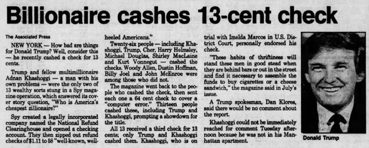 Trump And Spy Magazine: When A Supposed Billionaire Cashed a 13-Cent Check - The Intellectualist