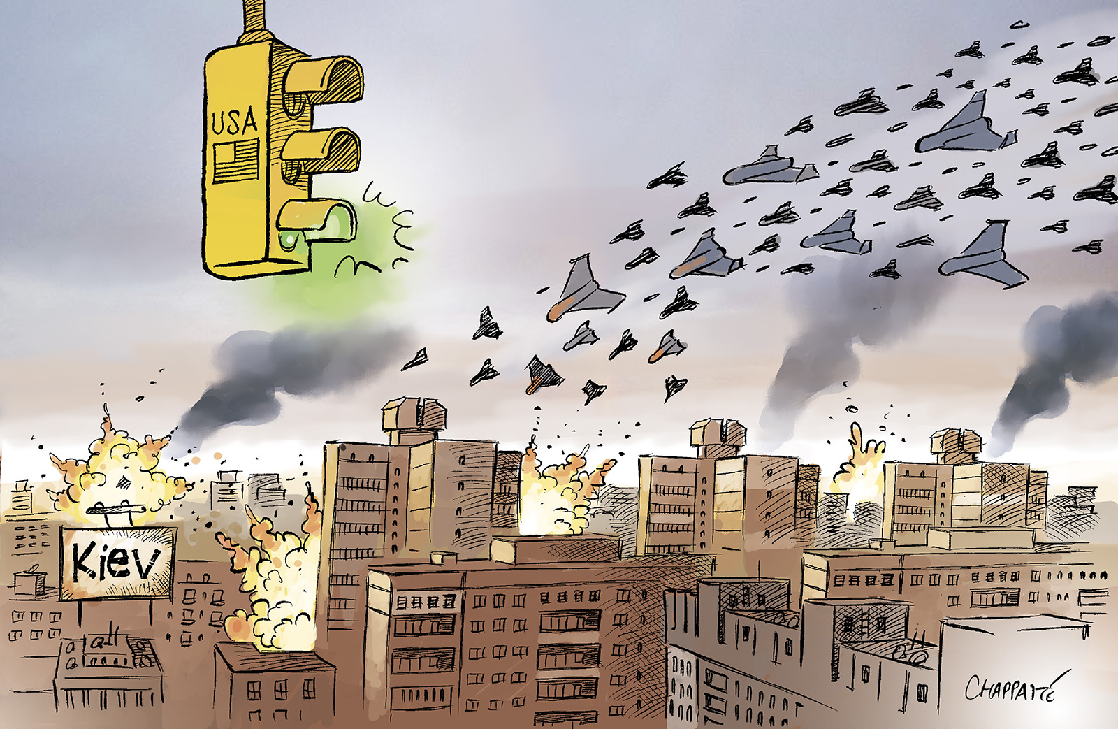 Les USA privent l’Ukraine de défenses antiaériennes | Globecartoon - Political Cartoons - Patrick Chappatte