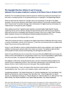 The Copyright Directive: Articles 11 and 13 must go – Statement from European Academics in advance of the Plenary Vote on 26 March 2019 - CREATe
