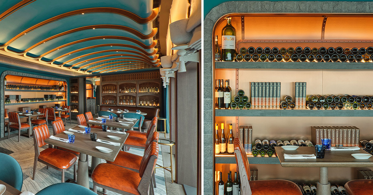 sky-high ‘the cellar’ by andré fu studio seats 28 diners and holds 400 premium wine labels