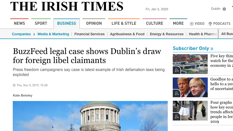 BuzzFeed legal case shows Dublin’s draw for foreign libel claimants (The Irish Times) - Index on Censorship