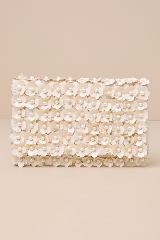 Ivory Sequin Clutch - 3D Floral Sequin Clutch - Foldover Clutch - Lulus