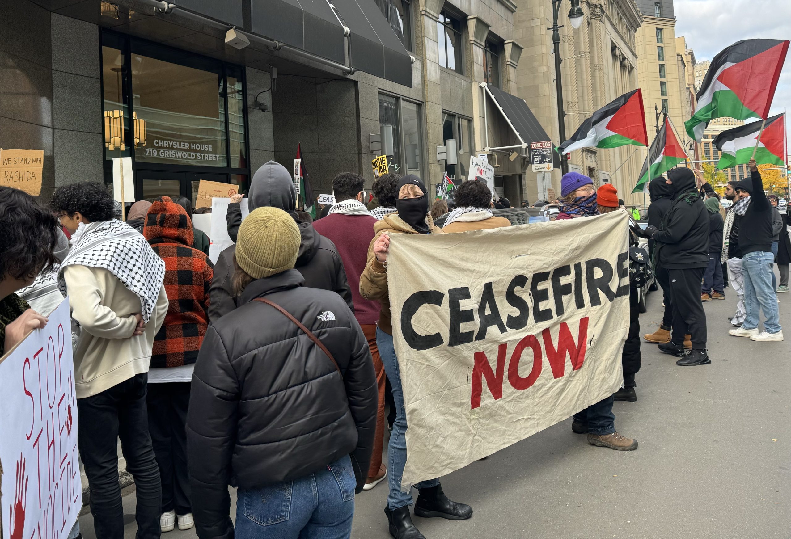 Pro-Palestine protestors rally outside Sen. Stabenow's Detroit office