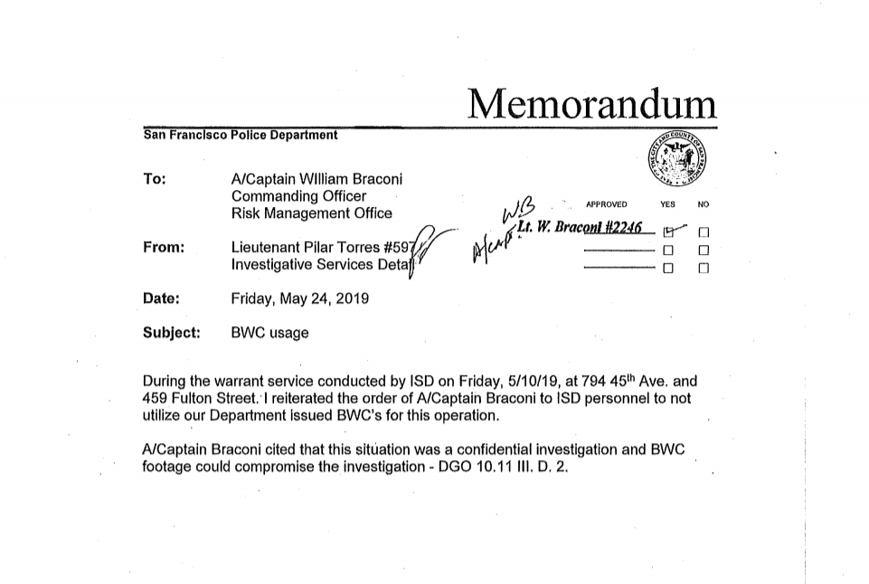 Memo: San Francisco police disabled bodycams during Carmody raid