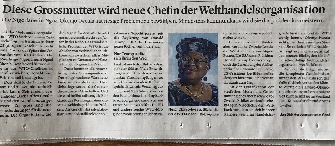 Backlash as Swiss newspapers say new WTO DG is a '66-year-old Nigerian grandmother' | TheCable
