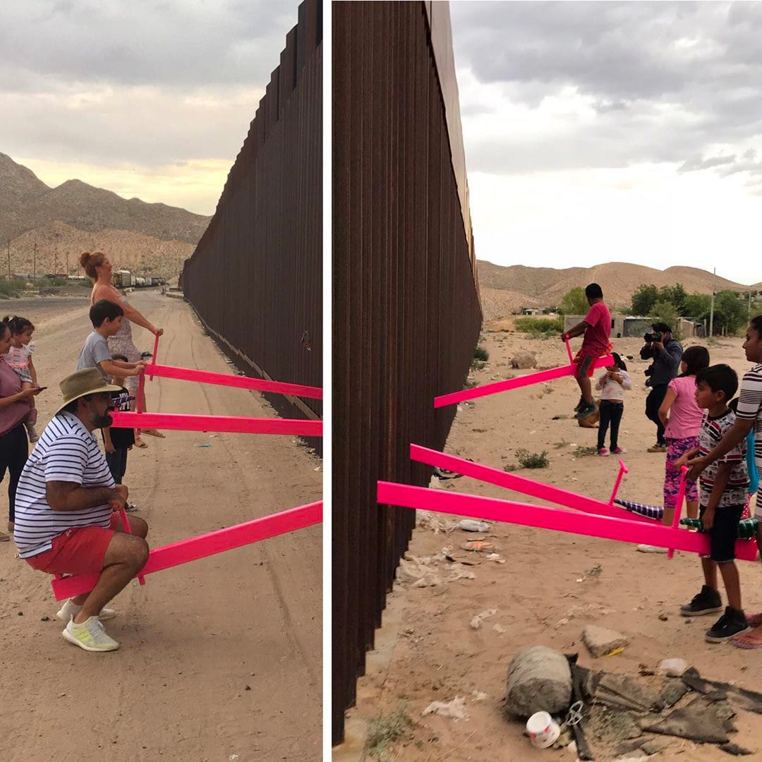 Neighboring Communities Playfully Connect Atop Neon Pink Teetertotters Slotted Through the U.S.-Mexico Border Wall — Colossal